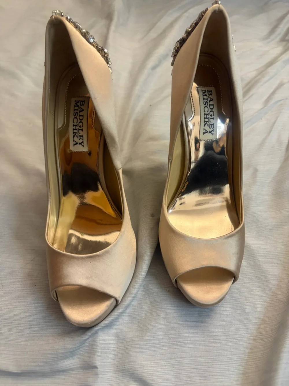Badgley Mischka Kiara Embellished Peep-toe Pump Wedding Heel in Latte